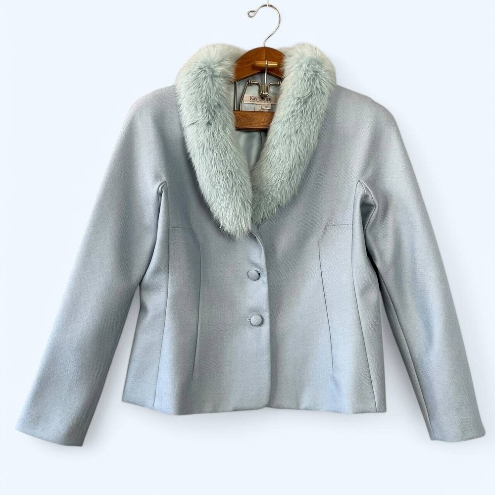 Kay Unger Fox Fur Trim Blazer Jacket Size 10 Elegant Old Money Ice Blue Glam